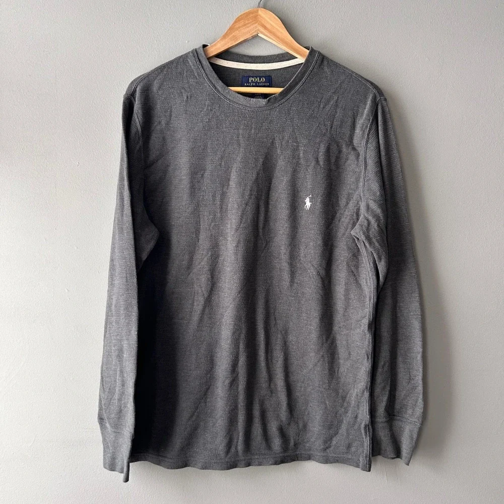 Polo Ralph Lauren‎ Men's Gray Waffle Knit Long Sleeve Crew Neck Shirt Size L